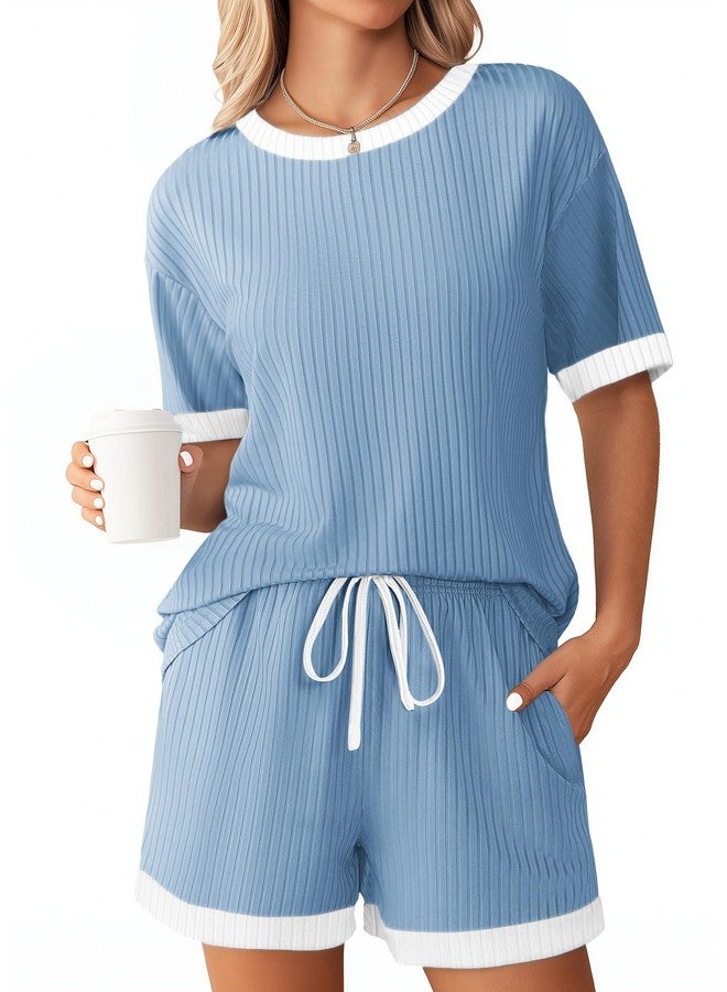 Ekouaer Women Ribbed Knit Pajama Sets Short Sleeve Top and Shorts 2 Piece Soft Pjs Sleepwear with Pockets Lounge Sets S-XXL Clear Blue - Image 1